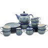 Polish Pottery Dessert Set for 6 with Heater 40 oz Daises And Tall Grass UNIKAT