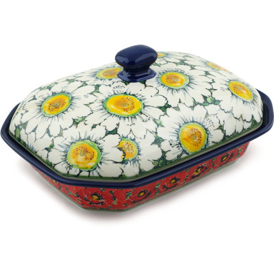 Polish Pottery Dish with Cover 10&quot; Sweet Red Petals UNIKAT