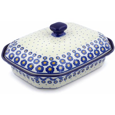 Polish Pottery Dish with Cover 12&quot; Blue Zinnia