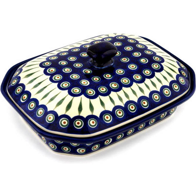 Polish Pottery Dish with Cover 12&quot; Peacock Leaves