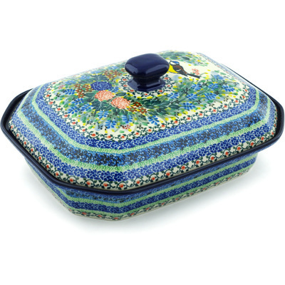 Polish Pottery Dish with Cover 12&quot; Robbin&#039;s Meadow UNIKAT