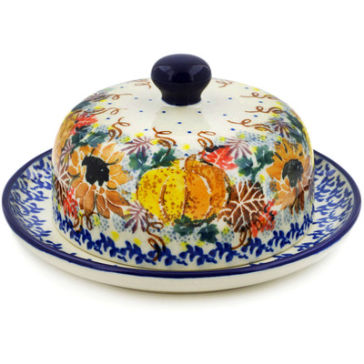 Polish Pottery Dish with Cover 6&quot; Autumn Falling Leaves UNIKAT