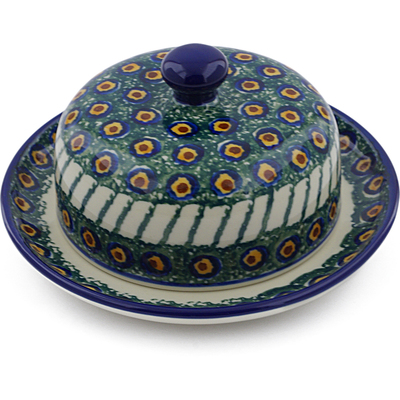 Polish Pottery Dish with Cover 6&quot; Emerald Peacock