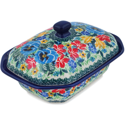 Polish Pottery Dish with Cover 7&quot; Pansy Twins UNIKAT