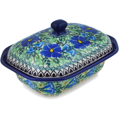 Polish Pottery Dish with Cover 7&quot; Wind Blown Blue Bells UNIKAT