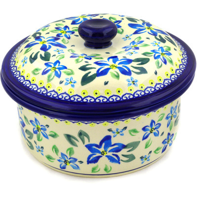 Polish Pottery Dish with Cover 8&quot; Blue Clematis