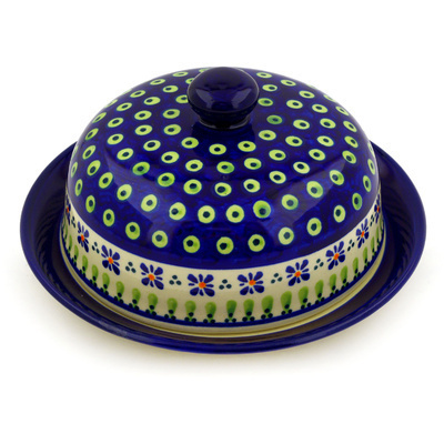 Polish Pottery Dish with Cover 8&quot; Green Gingham Peacock
