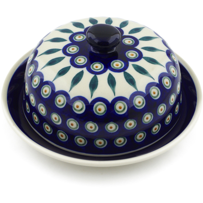 Polish Pottery Dish with Cover 8&quot; Peacock Leaves