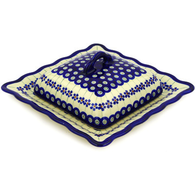 Polish Pottery Dish with Cover 9&quot; Flowering Peacock