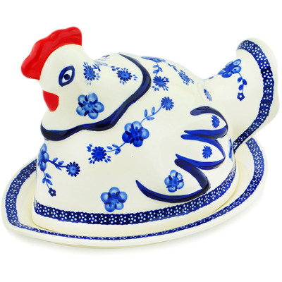 Polish Pottery Dish with Hen Cover 14&quot; Delicate Poppy