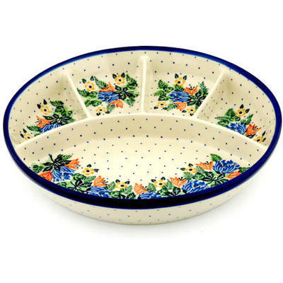 Polish Pottery Divided Dish 11&quot; Dotted Floral Wreath UNIKAT