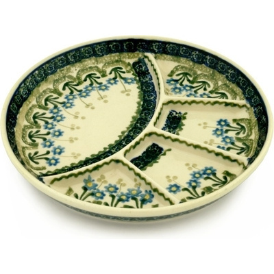 Polish Pottery Divided Dish 9&quot; Blue Daisy Circle