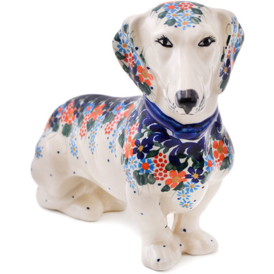 Polish Pottery Dog Figurine 9&quot; Backyard Blooms UNIKAT