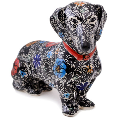 Polish Pottery Dog Figurine 9&quot; Flowered Lace