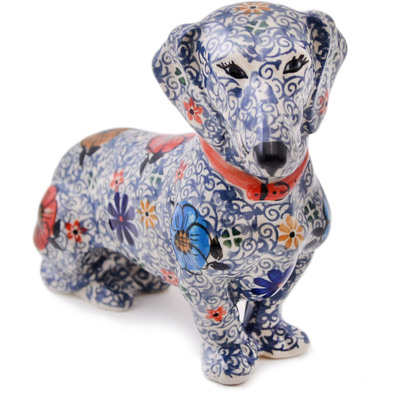 Polish Pottery Dog Figurine 9&quot; Flowers In The River