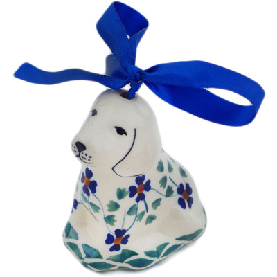 Polish Pottery Dog Ornament 3&quot; Lucky Blue Clover