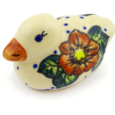 Polish Pottery Duck Figurine 4&quot; Red Bouquet