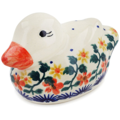 Polish Pottery Duck Figurine 4&quot; Red Sunflower