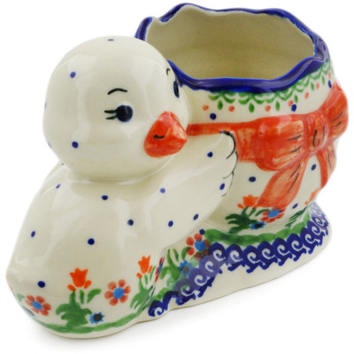 Polish Pottery Duck Shaped Jar 7&quot; Spring Flowers