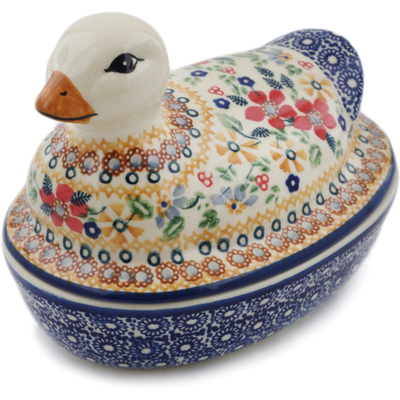 Polish Pottery Duck Shaped Jar 7&quot; Summer Bouquet UNIKAT