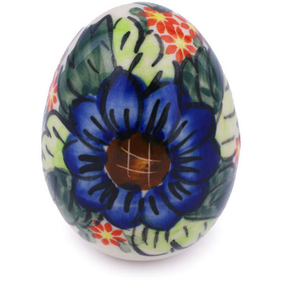 Polish Pottery Egg Figurine 3&quot; Blue Bouquet UNIKAT