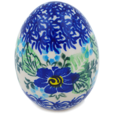 Polish Pottery Egg Figurine 3&quot; Blue Floral Day UNIKAT