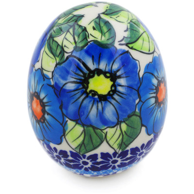 Polish Pottery Egg Figurine 3&quot; Bold Blue Poppies UNIKAT