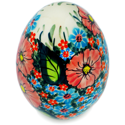 Polish Pottery Egg Figurine 5&quot; Red And Blue Poppies UNIKAT