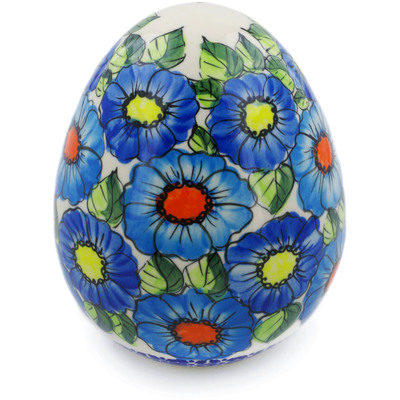 Polish Pottery Egg Figurine 7&quot; Bold Blue Poppies UNIKAT