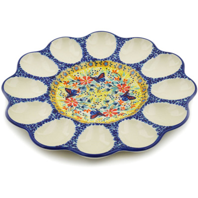 Polish Pottery Egg Plate 10&quot; Butterfly Summer Garden UNIKAT