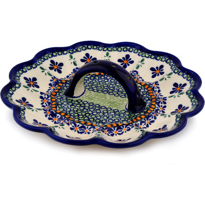Polish Pottery Egg Plate 10&quot; Gingham Flowers