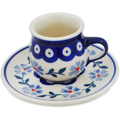 Polish Pottery Espresso Cup with Saucer 2 oz Peacock Forget-me-not