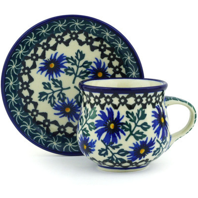Polish Pottery Espresso Cup with Saucer 3 oz Blue Chicory