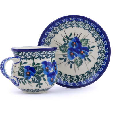 Polish Pottery Espresso Cup with Saucer 3 oz Blue Pansy