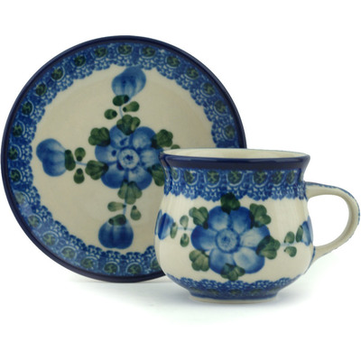 Polish Pottery Espresso Cup with Saucer 3 oz Blue Poppies