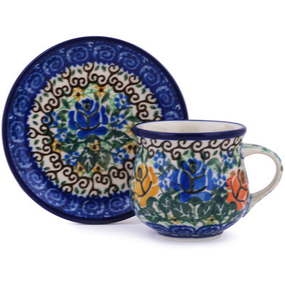 Polish Pottery Espresso Cup with Saucer 3 oz Bluebonnets And Roses UNIKAT