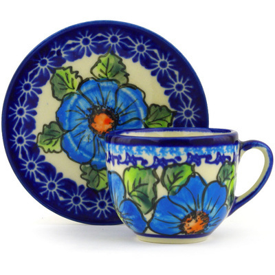 Polish Pottery Espresso Cup with Saucer 3 oz Bold Blue Poppies UNIKAT