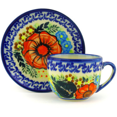 Polish Pottery Espresso Cup with Saucer 3 oz Bold Poppies UNIKAT
