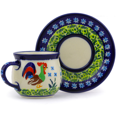 Polish Pottery Espresso Cup with Saucer 3 oz Country Rooster UNIKAT
