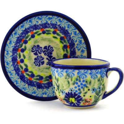 Polish Pottery Espresso Cup with Saucer 3 oz Flor-de-lis UNIKAT