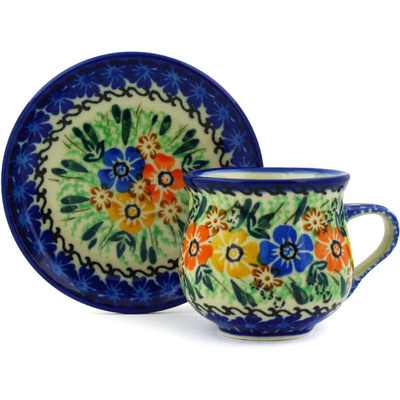 Polish Pottery Espresso Cup with Saucer 3 oz Flower Patch UNIKAT