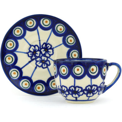 Polish Pottery Espresso Cup with Saucer 3 oz Flowering Peacock