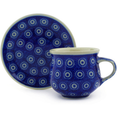 Polish Pottery Espresso Cup with Saucer 3 oz Peacock Eye