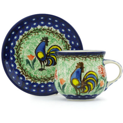 Polish Pottery Espresso Cup with Saucer 3 oz Rooster Dance UNIKAT