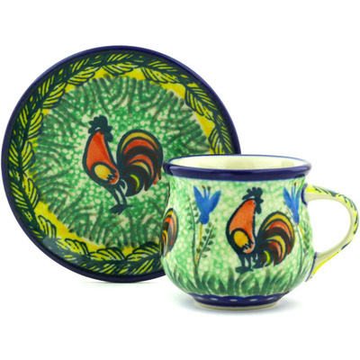Polish Pottery Espresso Cup with Saucer 3 oz Rooster Parade UNIKAT