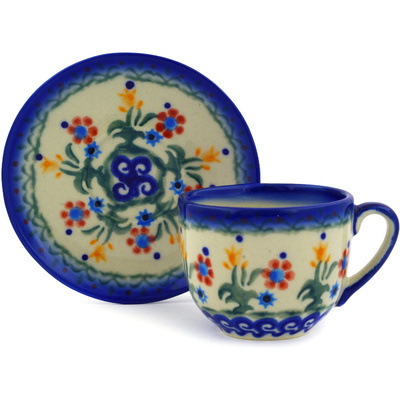 Polish Pottery Espresso Cup with Saucer 3 oz Spring Flowers