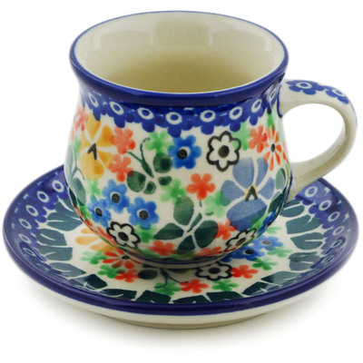Polish Pottery Espresso Cup with Saucer 3 oz Spring Garden UNIKAT