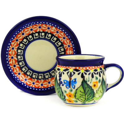Polish Pottery Espresso Cup with Saucer 3 oz Spring Splendor UNIKAT