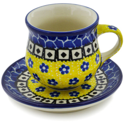 Polish Pottery Espresso Cup with Saucer 3 oz Sunburst Daisies