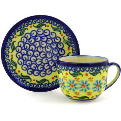 Polish Pottery Espresso Cup with Saucer 3 oz Sunshine Blooms